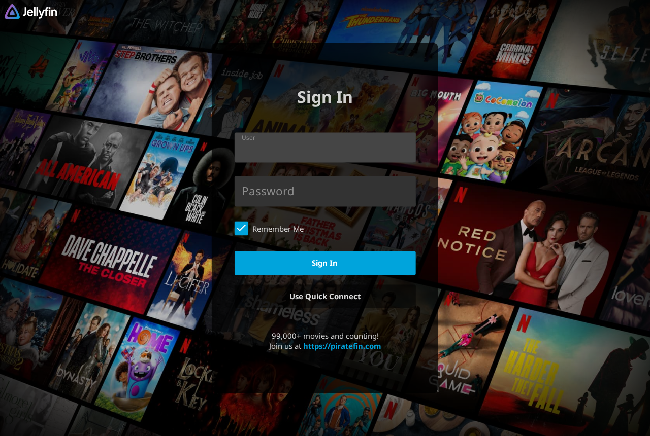 The PirateFin Jellyfin sign-in screen