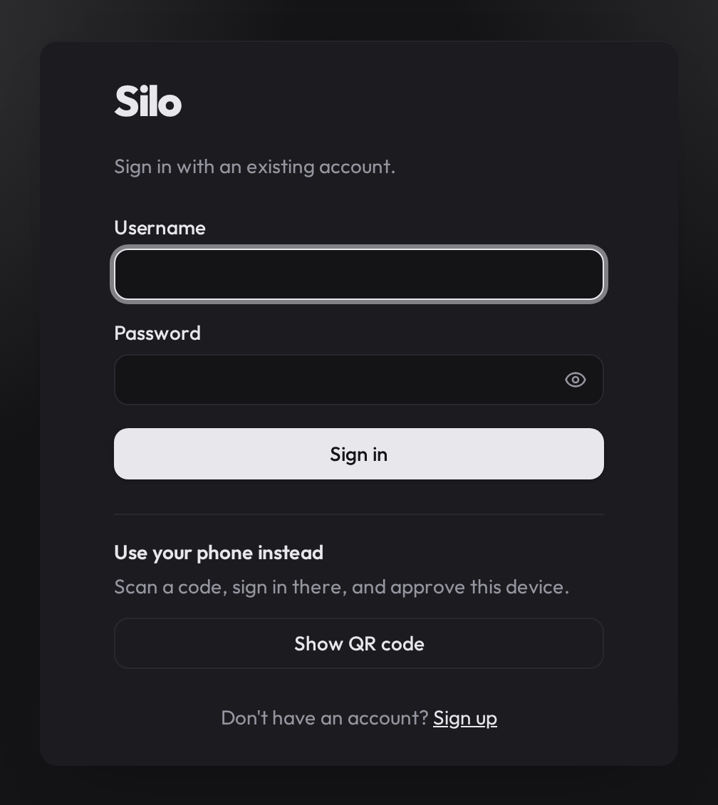 The Silo sign-in screen, with Username and Password boxes